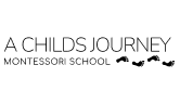 Logo for "A Childs Journey Montessori School" with small black footprints under the words.